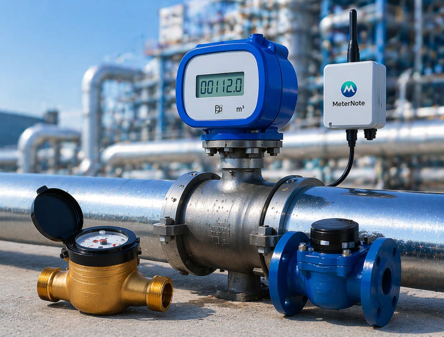 Digital water flow meter on industrial piping